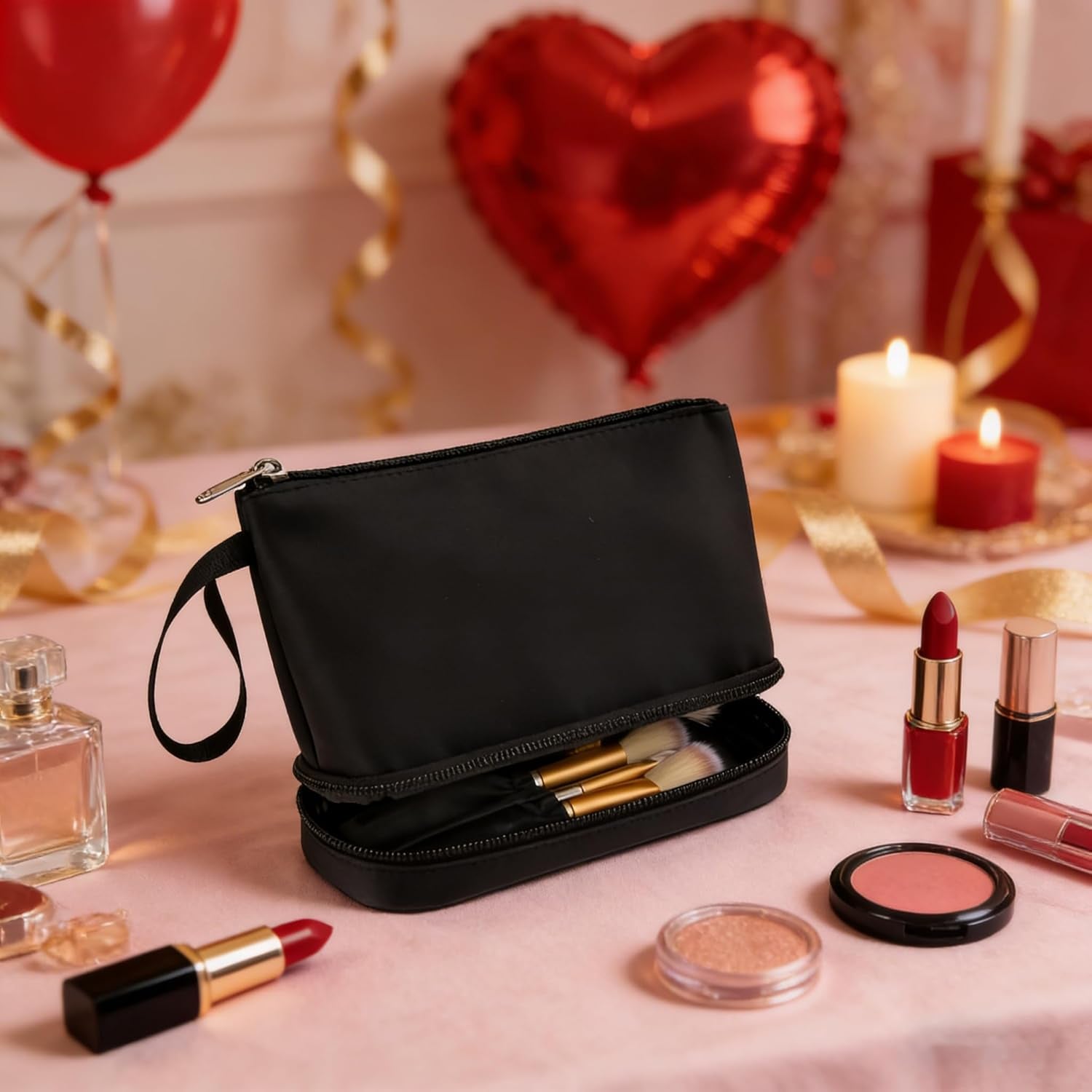 Makeup Bag for Purse, Small Travel Makeup Organizer Bag for Women Daily Double Layer Cosmetic Bag Portable Makeup Brush Bags